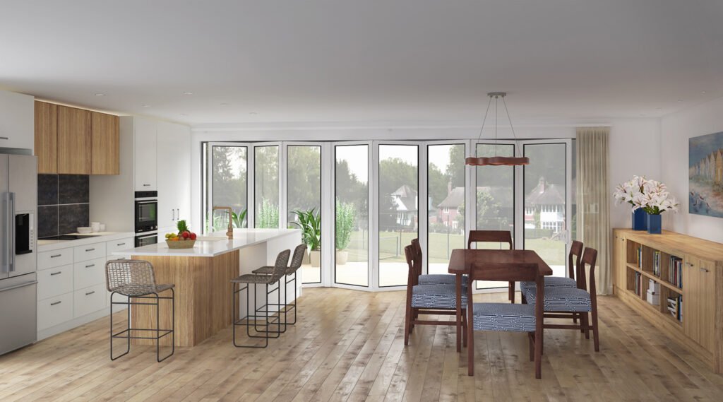 Light brown wood-themed kitchen and dining area, showcasing design thinking in sleek, modern interiors.