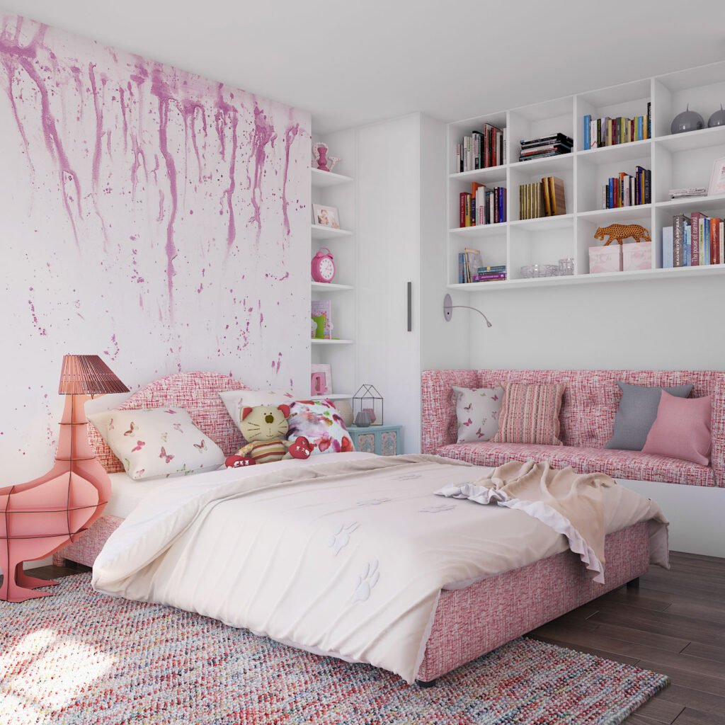 Design thinking in a pink-themed modern bedroom with minimalist decor and soft lighting.